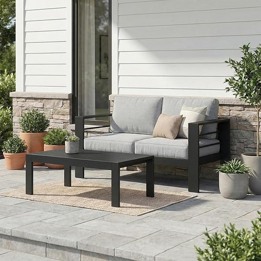 Wisteria Lane Metal Patio Furniture Set for All Weather, Oversized Heavy Duty Outdoor Furniture Set with Upgraded Cushion, Modern Outdoor Patio Loveseat Set for Garden, Balcony, Backyard, Light Grey