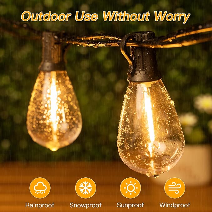 Ollny S11 50FT Outdoor String Lights with Remote, 3 Modes Dimmable Timers Waterproof Connectable Outside Lights, 24+2 LED Spare Bulbs Dusk to Dawn Hanging Light for Yard Balcony Camping Gazebo Garden
