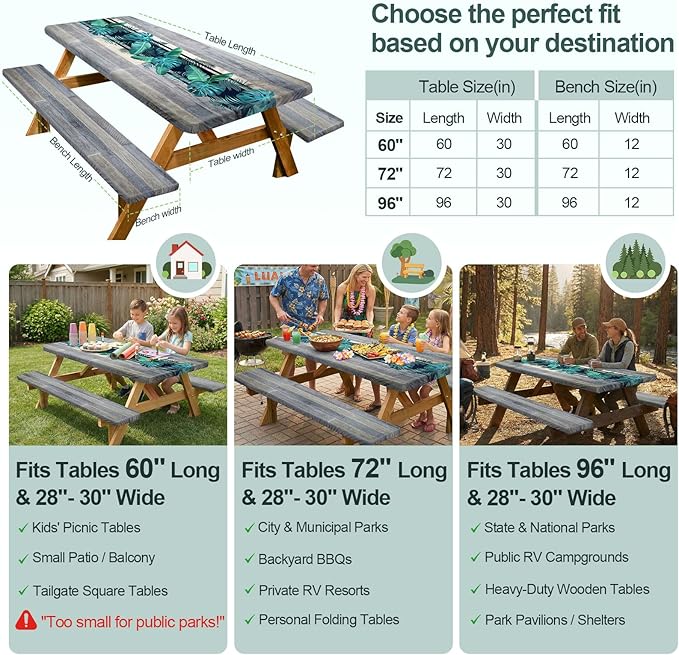 Picnic Table Cover Bench Covers Camping Essentials Tablecloth | Waterproof Vinyl for Outdoor, Windproof Elastic Fitted Edges, RV BBQ Accessories Must Haves, Storage Bag Included