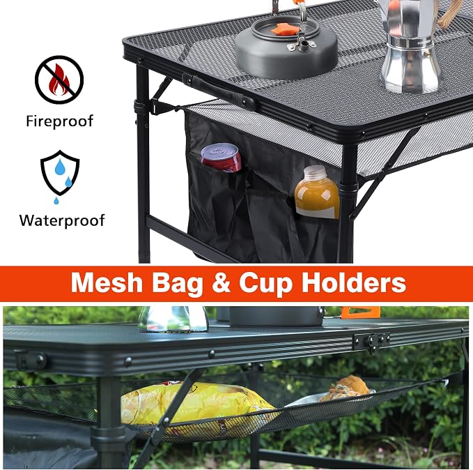 JOUYEK Folding Grill Table, 4x2 FT Portable Camping Height Adjustable Table | Lightweight Height Adjustable Metal Tables with Mesh Desktop and Mesh Bag, Outdoor Tables for Camping, Picnic, Beach and BBQ