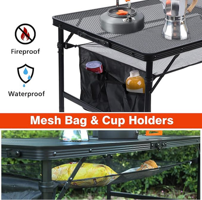 JOUYEK Folding Grill Table, 4x2 FT Portable Camping Height Adjustable Table | Lightweight Height Adjustable Metal Tables with Mesh Desktop and Mesh Bag, Outdoor Tables for Camping, Picnic, Beach and BBQ
