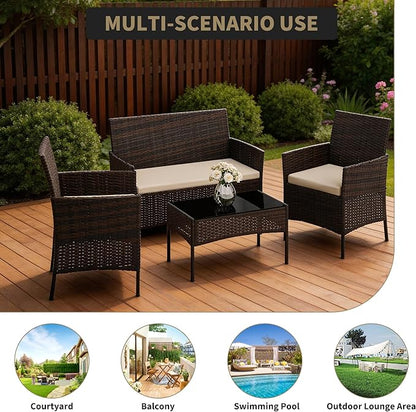 4-Piece Patio Furniture Set, Outdoor Wicker Conversation Set with Tempered Glass Coffee Table, Heavy Duty PE Rattan Sectional Sofa & Washable Cushions for Backyard, Deck, Poolside (Black Rattan/Beige)
