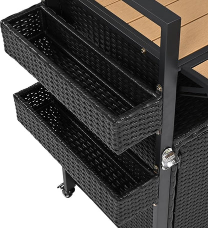 YOPTO Outdoor Grill Cart with Foldable Design,7-Tier Shelves,Lockable Wheels,Wine Rack & Weather-Resistant Wicker Rattan for Indoor/Outdoor Use,Black Brown
