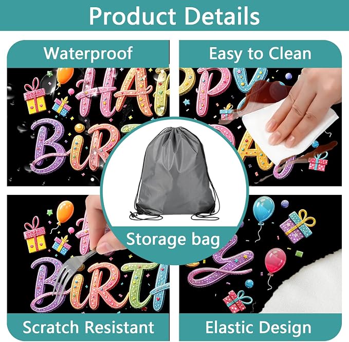Happy Birthday Picnic Table Cover with Bench Covers, Colorful Candy Sprinkle Design Waterproof Camping Tablecloth, Elastic Fitted Rectangle Table Set with Drawstring Bag, 3PCS, 30x96 Inch