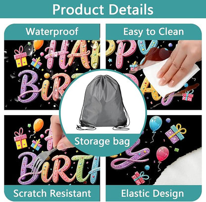 Happy Birthday Picnic Table Cover with Bench Covers, Colorful Candy Sprinkle Design Waterproof Camping Tablecloth, Elastic Fitted Rectangle Table Set with Drawstring Bag, 3PCS, 30x96 Inch