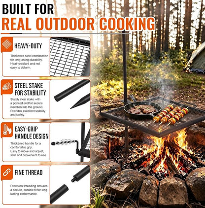 24" x 24" Fire Pit Campfire Grill Grate Campfire Grill Portable Open Fire Cooking Heavy-duty Foldable Camping Cooking Barbecue Rack Easy Setup & Adjustable Height for Outdoor BBQ