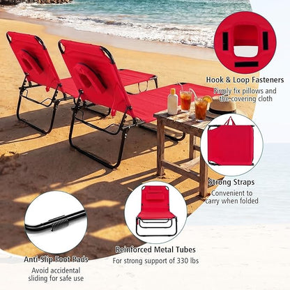 GYMAX Tanning Chair, Folding Lounge Chairs with Face Hole & Cover, Removable Pillow Carry Handle, Portable Compact Outdoor Layout Recliner for Beach, Poolside, Lawn, Patio, Camping (Red,2)