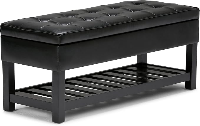 SIMPLIHOME Cosmopolitan Storage Ottoman Bench - 44 inch Wide Upholstered Vegan Leather Rectangle Storage Ottoman in Midnight Black, Transitional Bench for Bedroom with Tufted Lift-Top and Open Shelf