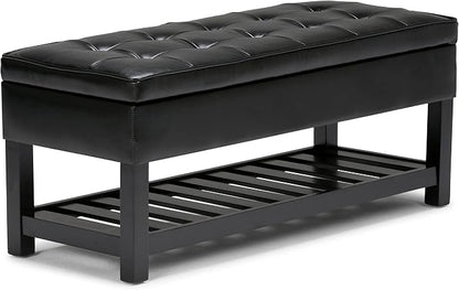SIMPLIHOME Cosmopolitan Storage Ottoman Bench - 44 inch Wide Upholstered Vegan Leather Rectangle Storage Ottoman in Midnight Black, Transitional Bench for Bedroom with Tufted Lift-Top and Open Shelf