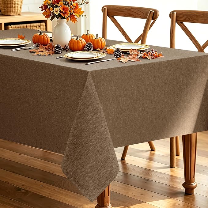 Decorelia Faux Linen Tablecloth for Dining Room, 60 x 104 Inch (8-10 Seats), Coffee