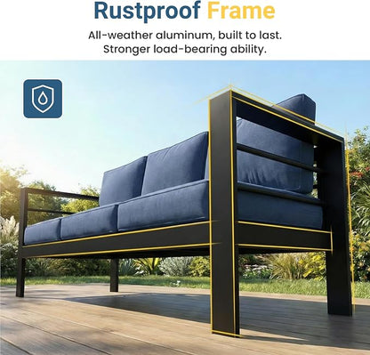 Wisteria Lane Aluminum Outdoor Sofa, 3 Pieces Patio Couch All-Weather Rust-Proof Modern Metal Patio Furniture with 5" Thick Olefin Cushions, Light Grey