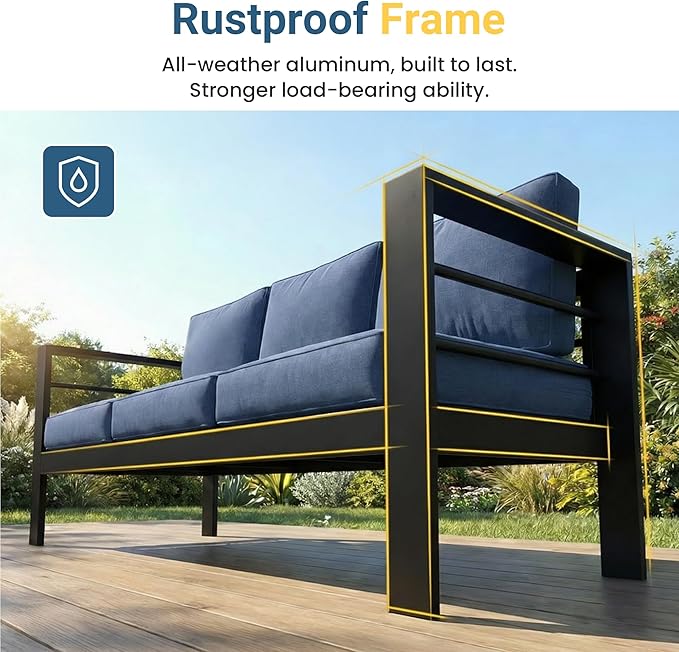 Wisteria Lane Aluminum Outdoor Sofa, 2 Seats Patio Couch All-Weather Rust-Proof Modern Metal Patio Furniture with 5" Thick Olefin Cushions, Light Grey