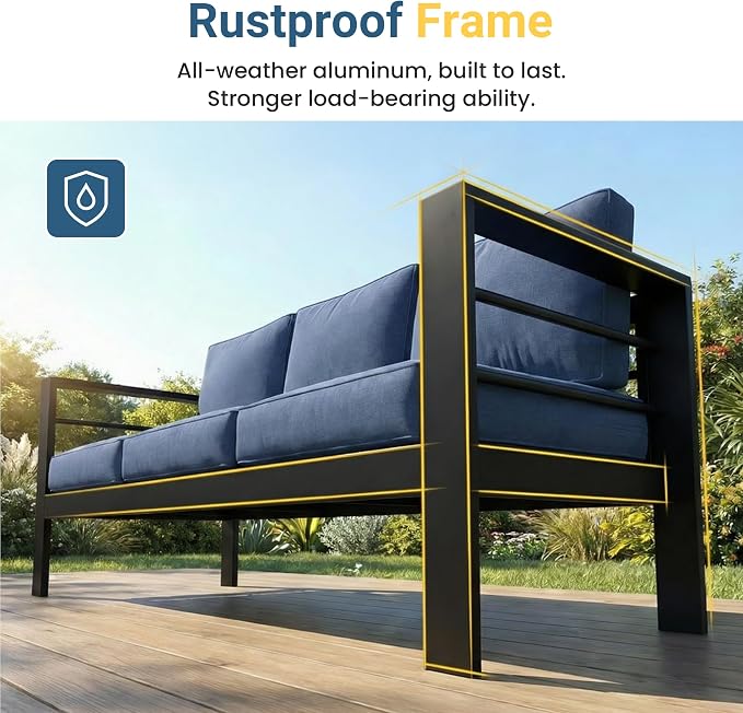 Wisteria Lane Aluminum Outdoor Sofa, 2 Pieces Patio Couch All-Weather Rust-Proof Modern Metal Patio Furniture with 5" Thick Olefin Cushions, Light Grey