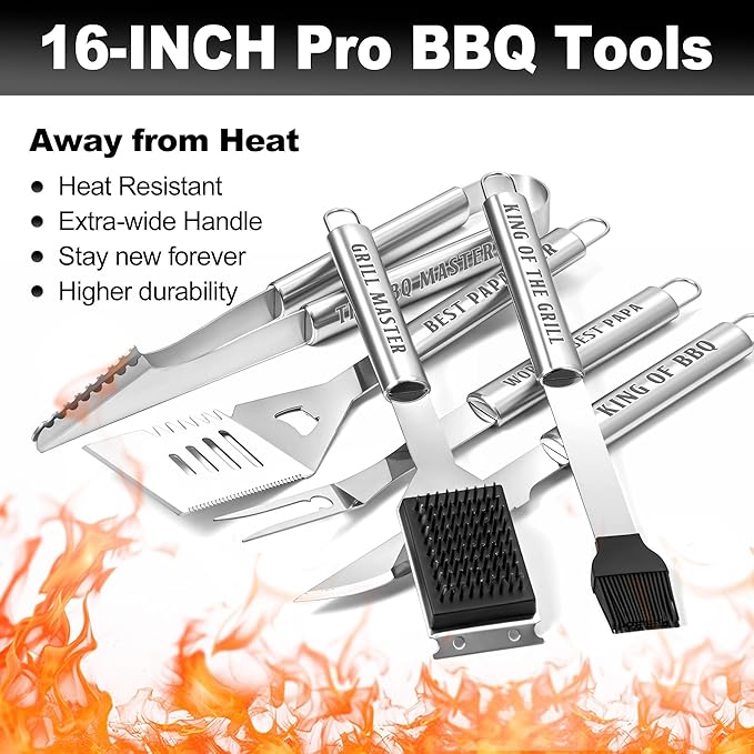 Papa Gifts from Grandkids, Papa Fathers Day Grilling Accessories Gift, Heavy Duty Stainless Steel Grill Set BBQ Grill Tools for Outdoor Grill with Aluminum Case, Grill Utensils Set on Birthday(Bag)