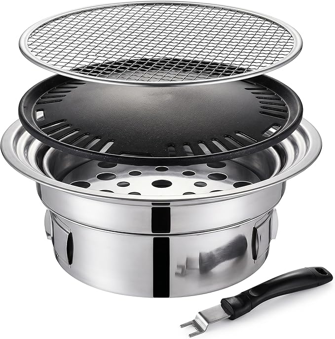 Korean BBQ Grill, Portable Charcoal Grills with Non-Stick Pan & Net, Small Indoor/Outdoor Charcoal (Korean Grill, Bbq)