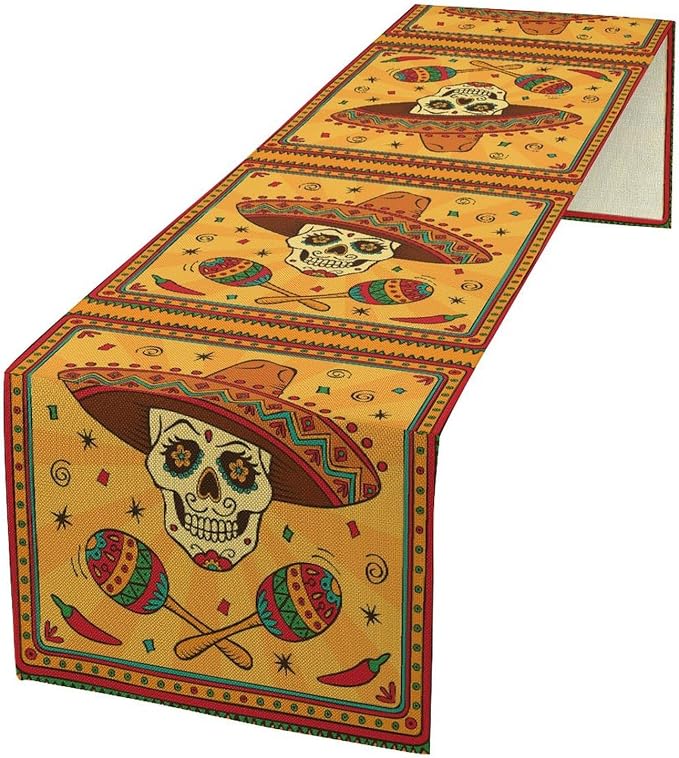 Cotton Linen Table Runner Mexican, Mexican Skull Cartoon Traditional Celebration Latino Rectangle Table Collection for Dinner Wedding Birthday Party 13x120 Inch
