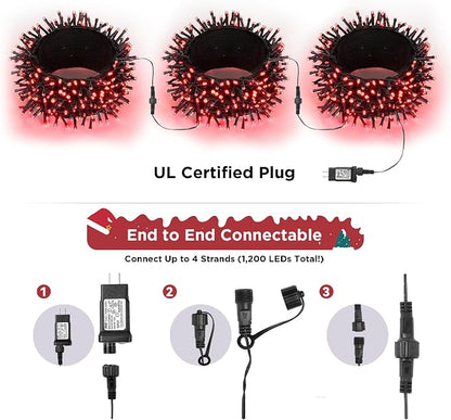 WBao Christmas Lights Indoor Outdoor 300LED 108ft, Super Bright LED Christmas String Lights with UL Certified, 8 Light Modes, Timer, Connectable & Waterproof for Trees, Patio, Xmas Party Decor, Red