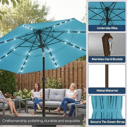 10ft 3-Tier Patio Umbrella with 32 Solar Powered LED Lights, Windproof Outdoor Market Umbrella for Deck, Poolside & Garden, Sturdy Push-Button Tilt Table Umbrella, Sky Blue