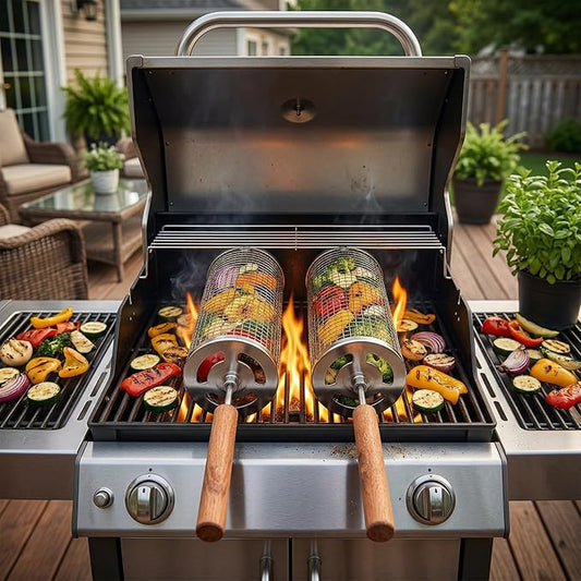 8-Piece BBQ Set,2 Rolling Grill Baskets for Effortless Flipping,Grilling Tools or Fish, Shrimp, Meat, Vegetables,Outdoor Camping Grilling Accessories Bundled with Oil Bottle, Forks,Cleaning Brush Ect