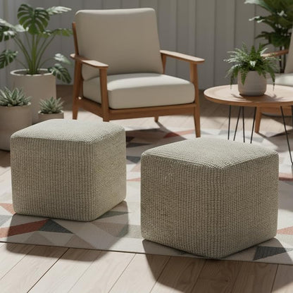 SIMPLIHOME Zelma 18" Wide Square Pouf in Cream/Natural PET Polyester | Versatile boho indoor/outdoor footstool, extra seating for living room or bedroom or patio with assembled design, assembled.