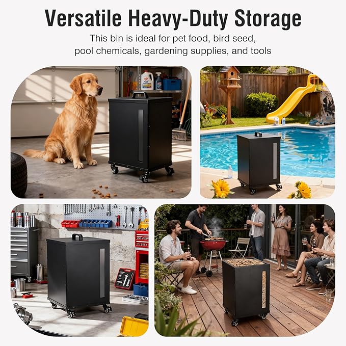 Rayzi 66lb Wood Pellet Storage Bin, Carbon Steel Fuel Pellet Container with Lid, Outdoor Waterproof & Rust-Resistant Metal Storage for Wood Pellets, Animal Feed, Charcoal