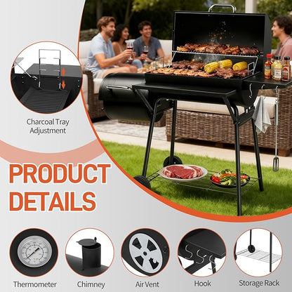 Outvita Charcoal Grill with Offset Smoker, Barrel Barbecue Smoker Grill with Spacious Cooking Area for BBQ, Backyard Patio Picnic Parties Camping, Black