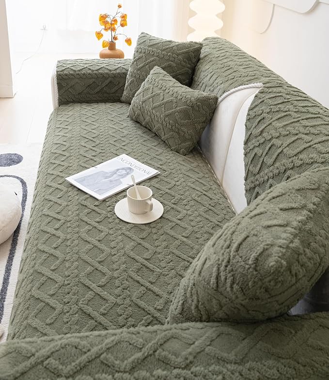 vctops Geometric Jacquard Plush Sofa Couch Covers Farmhouse Neutral Non Slip Sectional Couch Cover Soft Warm Sofa Slipcover for Dogs, Children, Pets Furniture Protector (Army Green,36"x36")