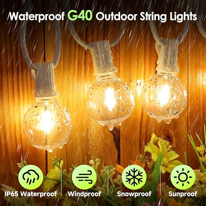 Mlambert 96Ft(2x48Ft) Solar String Lights, Outdoor Waterproof Patio Lights with 15 Shatterproof G40 Bulbs(2 Spare), Led Light for Backyard-White Wire