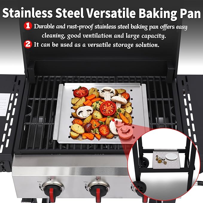 Propane Gas Grill, 3 Burner BBQ Grill with Folding Side Tables, 30,000 BTU Outdoor Grill with Wheels, 252 sq.in Cooking Area, Cast Iron Grates + Stainless Steel Griddle