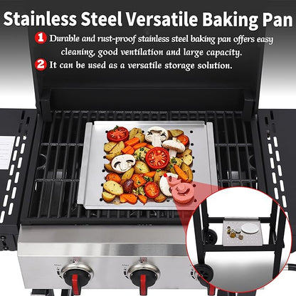 Propane Gas Grill, 3 Burner BBQ Grill with Folding Side Tables, 30,000 BTU Outdoor Grill with Wheels, 252 sq.in Cooking Area, Cast Iron Grates + Stainless Steel Griddle