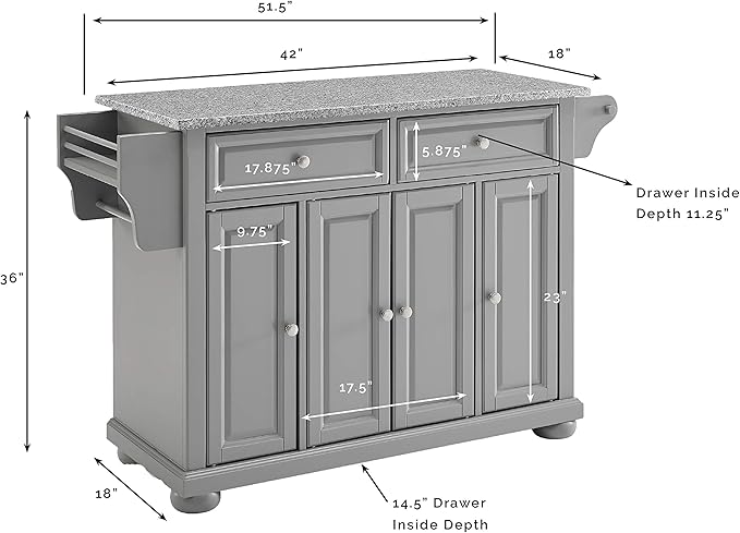 Crosley Furniture Full Size Granite Top Rolling Kitchen Island Storage Cart, Microwave Stand, Spice Rack, Gray