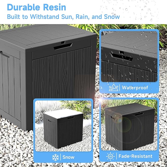 Pepe Tee Waterproof Resin Deck Box, Outdoor Storage Bin with Slatted Texture, All-Weather Patio Side Table & Garden Organizer, Black