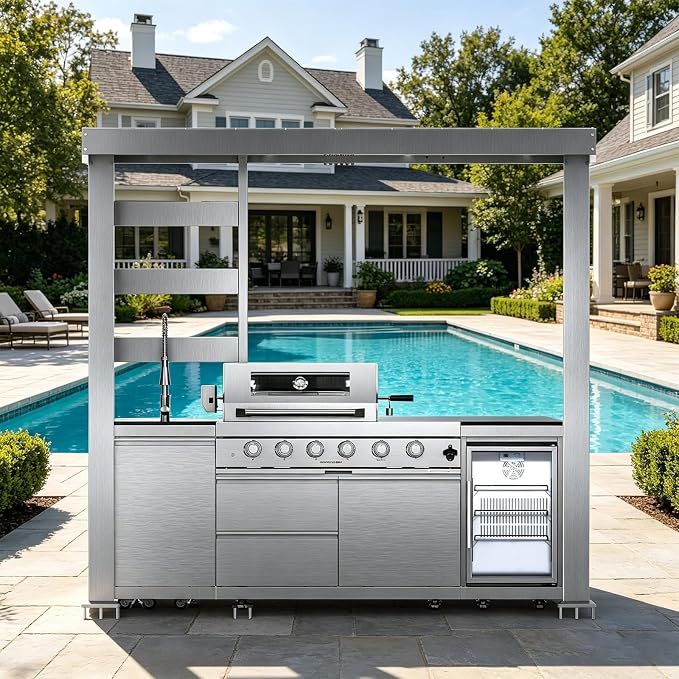 97" Stainless Steel Outdoor Kitchen Island with 4-Burner 72000 BTU,Natural Gas Grill with Side Burner,Rotisserie Oven,Refrigerator,Galvanized Steel Roof,Granite Countertops,Sink.(Natural Gas)