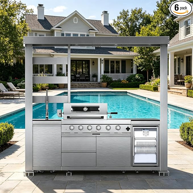 97" Stainless Steel Outdoor Kitchen Island with 4-Burner 72000 BTU,Propane Grill with Side Burner,Rotisserie Oven,Galvanized Steel Roof,Granite Countertops,Refrigerator,Sink.(Propane Gas)