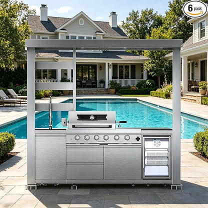 97" Stainless Steel Outdoor Kitchen Island with 4-Burner 72000 BTU,Propane Grill with Side Burner,Rotisserie Oven,Galvanized Steel Roof,Granite Countertops,Refrigerator,Sink.(Propane Gas)