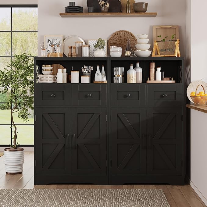 Befrases Black Storage Cabinet with Drawers and Shelves, Freestanding Black Kitchen Pantry, Floor Storage Cabinet Hutch Cupboard for Dining, Living Room, Home Office