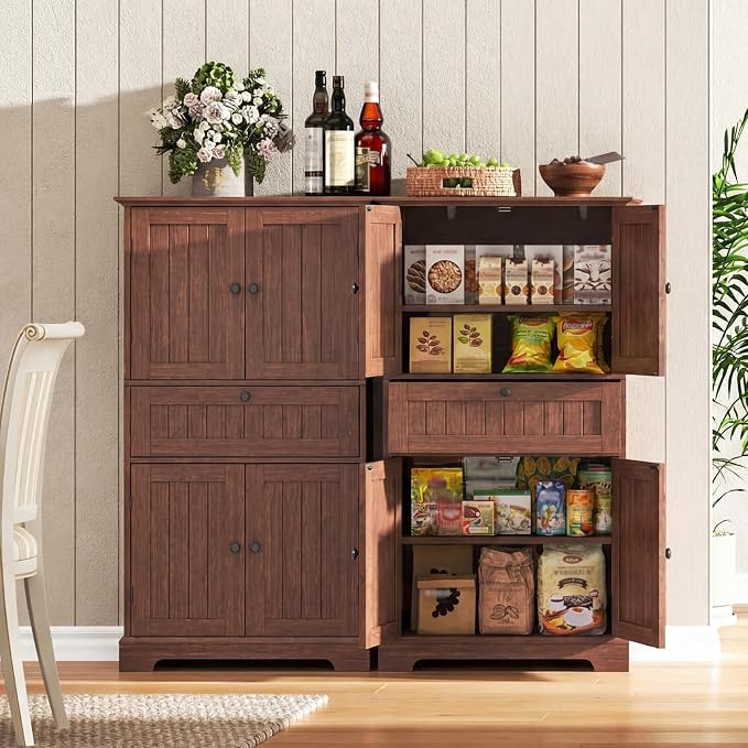ChooChoo 51" H Bathroom Floor Cabinet with Drawers and Adjustable Shelves | Bathroom Storage Cabinet, Freestanding Kitchen Pantry Cupboard with 4 Doors for Living Room, Walnut