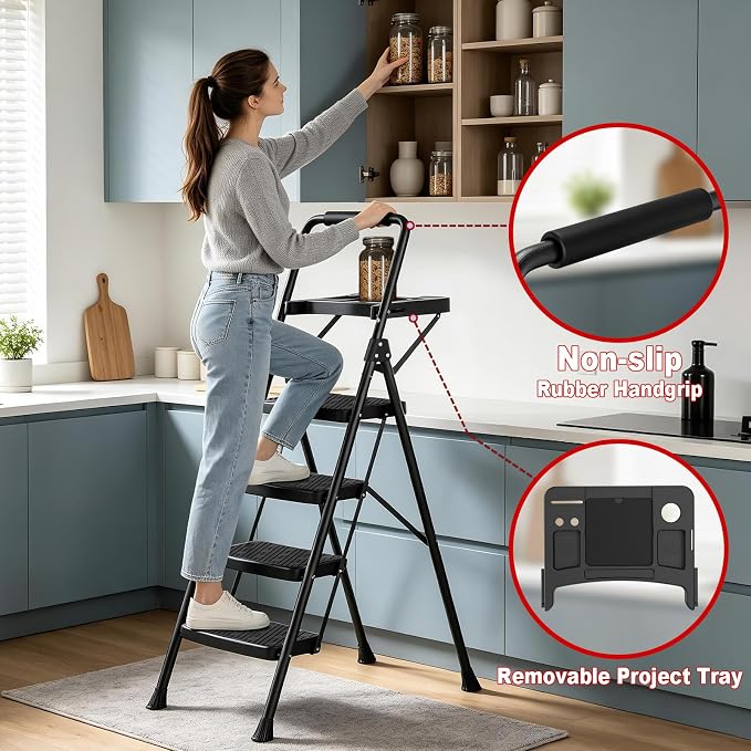 4 Step Ladder, Anautin Folding Step Stool with Tool Tray, Wide Anti-Slip Pedals, Heavy Duty Steel Step Ladder with Handrails, Portable Foldable Ladder for Kitchen Closet Garage Home 600lbs Capacity