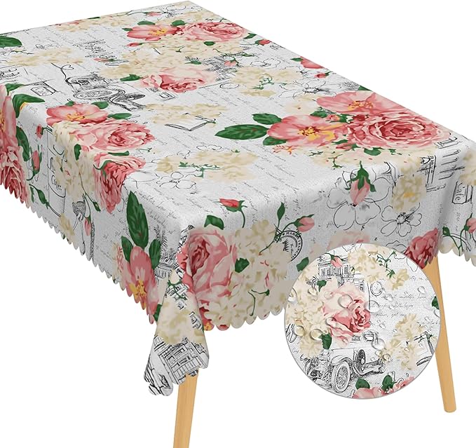 Modern Flowers Rectangular Tablecloth 70x140 Inch Vintage Style French Flower Seasonal Wrinkle Free Polyester Wedding Birthday Oblong Table Cover for Dining Table Farmhouse Kitchen