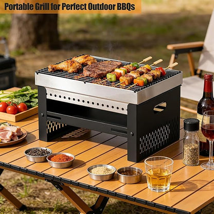 Portable Charcoal Grill, Small Tabletop BBQ, Foldable Mini Hibachi, Stainless Steel Camping Grill, Compact Outdoor Cooker for Picnic, Tailgating Chac Grl 002PBLK
