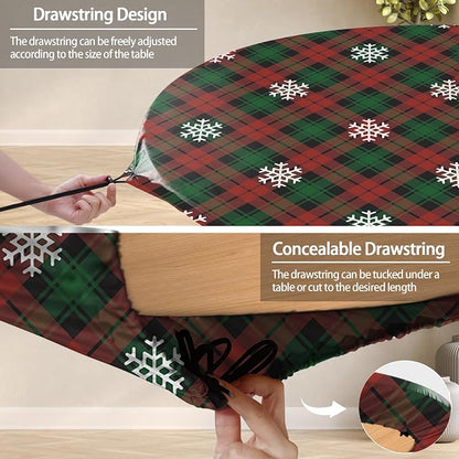 opstellen Fitted Christmas Round Tablecloth Waterproof Table Cloth Vinyl Indoor Outdoor Circle Cover for 36-44" Table Dining Living Room Kitchen Western Home Party Decor Gift Festival Family Essential
