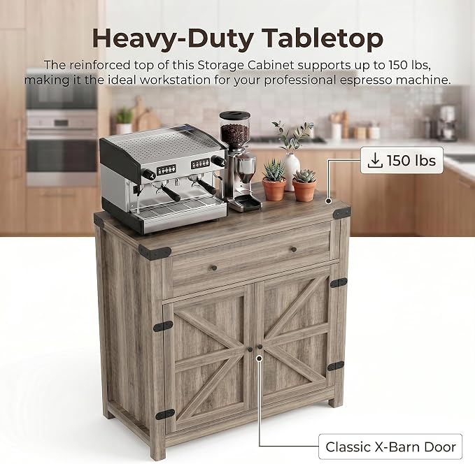 YESHOMY Kitchen Storage Cabinet, Coffee Bar Cabinet, Farmhouse Sideboard Buffet with Storage, Barn Door Accent Cabinet with a Drawer and Adjustable Shelf for Kitchen, Dining Room, Entryway, Oak, 1PCS