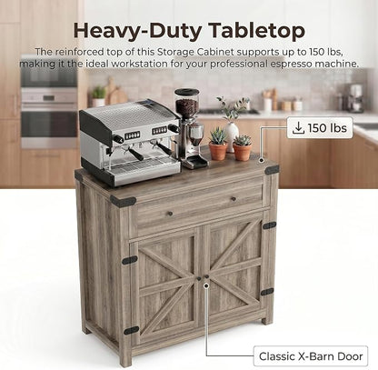 YESHOMY Kitchen Storage Cabinet, Coffee Bar Cabinet, Farmhouse Sideboard Buffet with Storage, Barn Door Accent Cabinet with a Drawer and Adjustable Shelf for Kitchen, Dining Room, Entryway, Oak, 1PCS