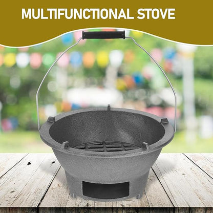Cast Iron Charcoal Grill Stove Portable Outdoor Camping Burner with Handle and Inner Grill Rack Large round Charcoal Heating Stove for Backyard Barbecue