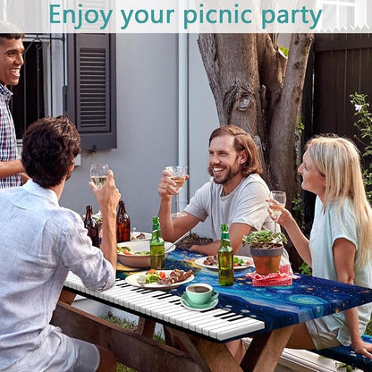 Piano Keyboard Picnic Table Cover with Bench Covers, Camping Essentials, Whirlpool Star Tree Flower Waterproof Windproof, Fitted Tablecloth Cover with Elastic Edge for Outdoor Garden 3 PCS 30x60 Inch