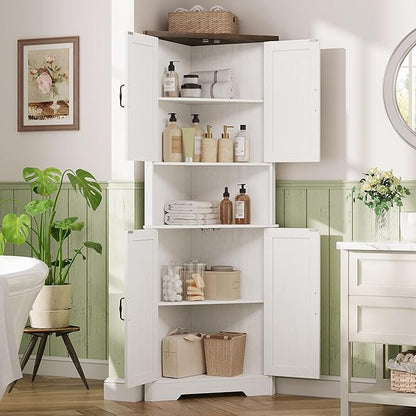 Vabches Tall Corner Cabinet, Corner Bathroom Cabinet, 67" Farmhouse Storage Cabinet with 4 Doors and Adjustable Shelves, Home Space Saver for Bathroom, Kitchen, Living Room, Pantry, Distressed White