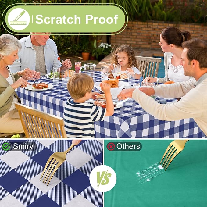 Smiry Picnic Table Cloth, Vinyl Tablecloths with Flannel Backing, 60"x60" | Waterproof Square Table Cloth, Wipeable Buffalo Plaid Table Cover for Indoor and Outdoor (Navy & White)