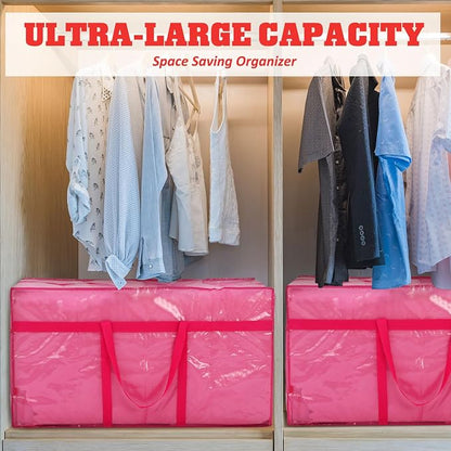 4 Pcs 66 Gallon Extra Large Moving Bags Heavy Duty Storage Bag with Strong Zipper Handle Foldable XXL Jumbo Storage Tote Packing Moving Box for College Dorm Travel Cloth Duffle (Jelly Pink)