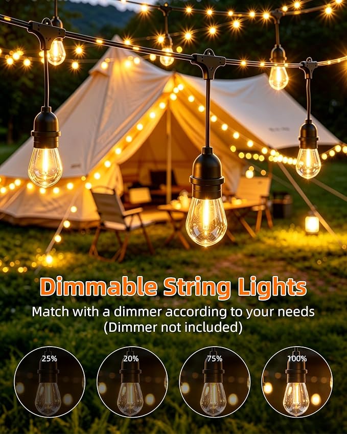 Outdoor String Lights With Lighted Tubing 24 ft, Commercial Grade String Lights with 13 (12+1spare) S14 Edison Bulbs & 72-LED Lighted Tubing, IP65 Waterproof Bistro Light for Patio, 2700K Warm White
