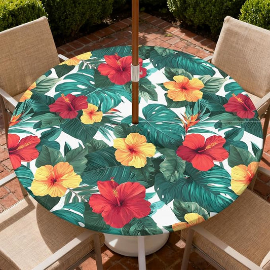 Outdoor Tablecloth with Umbrella Hole and Zipper Fits 37-44" Tables | Waterproof Round Fitted Tablecloth with Elastic Edge, Wipeable Outdoor Table Cover for Patio, Garden, Picnic
